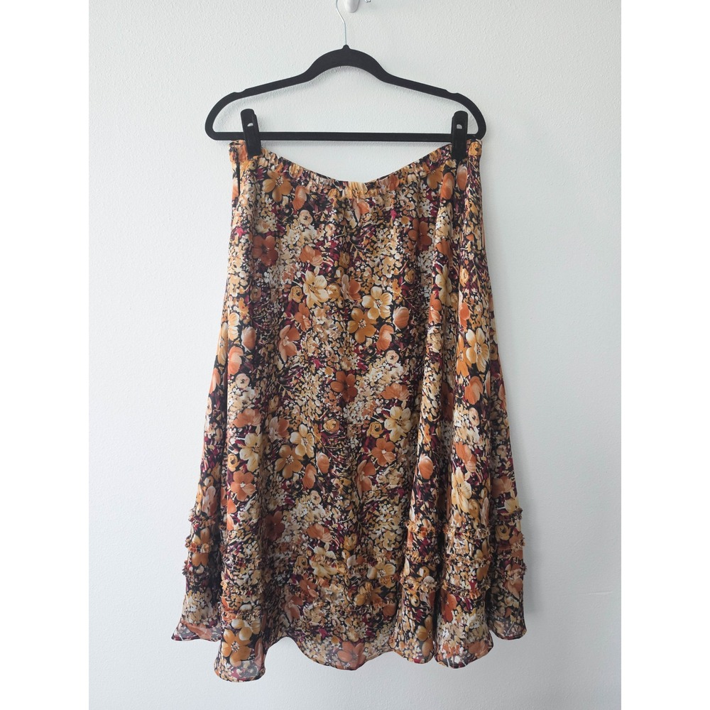 Coldwater Creek Floral Midi Skirt Orange Yellow Ruffle Hem Petite XL PXL